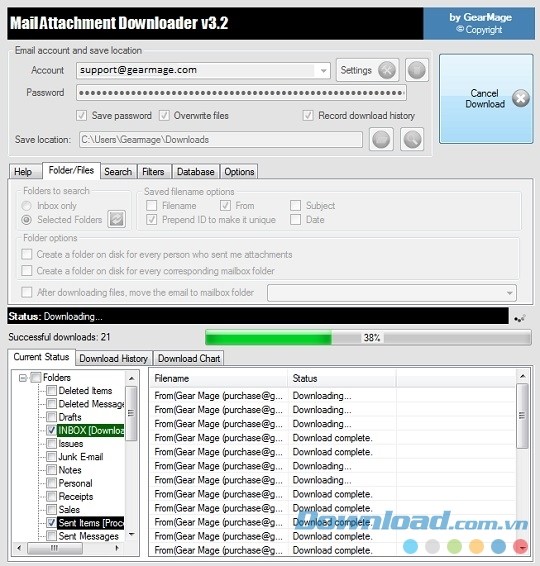 Giao diện của ứng dụng hỗ trợ tải file đính kèm Mail Attachment Downloader