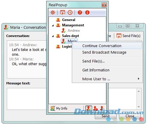 Giao diện phần mềm chat mạng nội bộ RealPopup LAN Chat