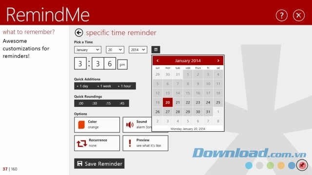 Giao diện ứng dụng nhắc nhở công việc RemindMe cho Windows 8.1 và 10