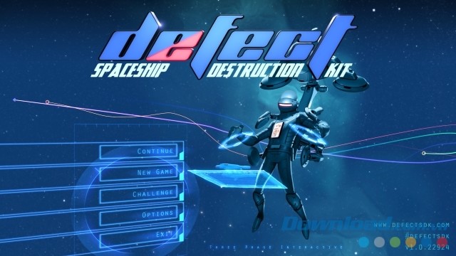 Main menu của game bắn súng không gian Defect cho máy tính, Mac và Linux