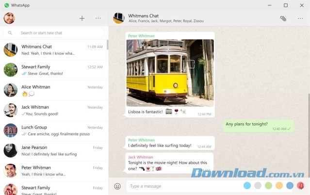Giao diện chính của ứng dụng nhắn tin WhatsApp Desktop cho Windows 10