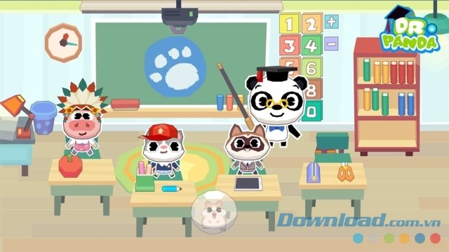 Hình ảnh nhiều đồ dùng học tập trong phòng học của game cho trẻ em Dr. Panda School trên máy tính và Windows Phone