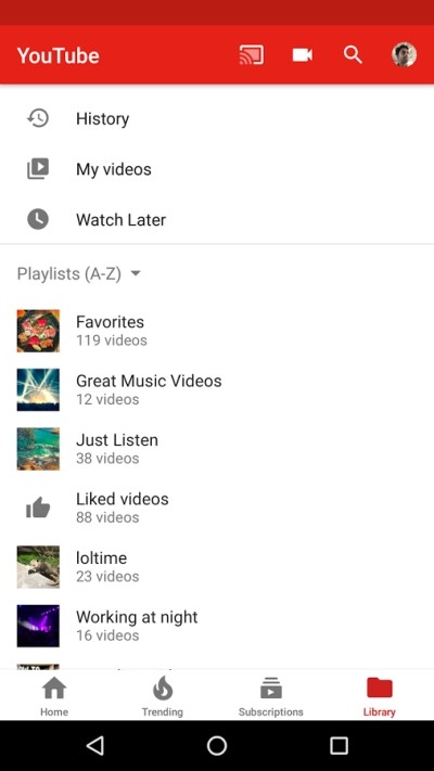 Review watch history and Playlist in the Library tab of Youtube