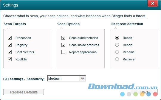 Cài đặt quét trên McAfee Stinger