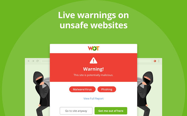 Thông báo website không an toàn của WOT, người dùng có thể lựa chọn rời đi hoặc tiếp tục
