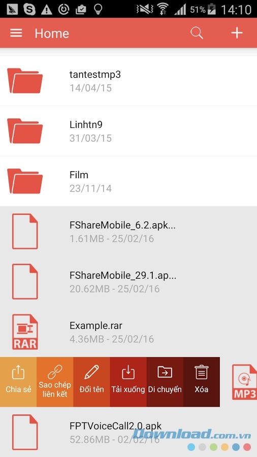 Manage shared files on Fshare for Android