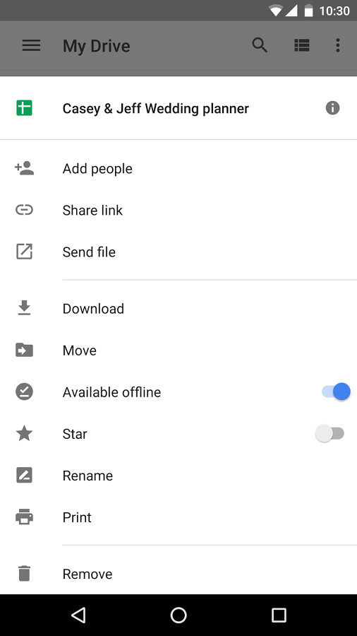 Some file options supported by Google Drive for Android