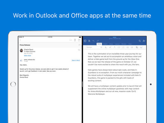 Work at the same time with Office and Outlook on iPad