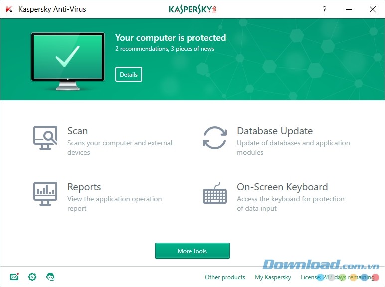 Giao diện làm việc của Kaspersky Anti-Virus 2018