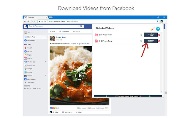 Lựa chọn chất lượng tải xuống SD hoặc HD khi sử dụng tiện ích mở rộng Facebook Video Downloader cho Google Chrome