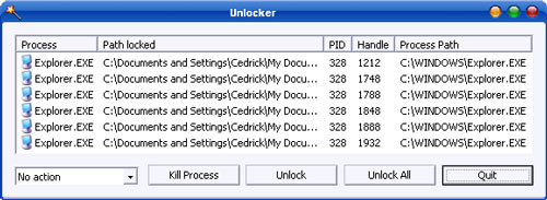 Cửa sổ chứa danh sách các tệp mà Unlocker đã khóa