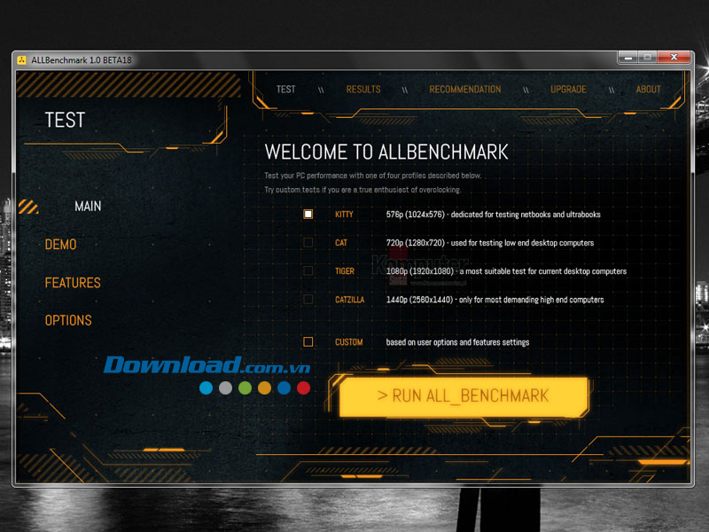 Màn hình Welcome của ALLBenchmark
