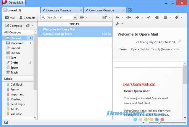 Opera Mail - trình duyệt email client gọn nhẹ, miễn phí
