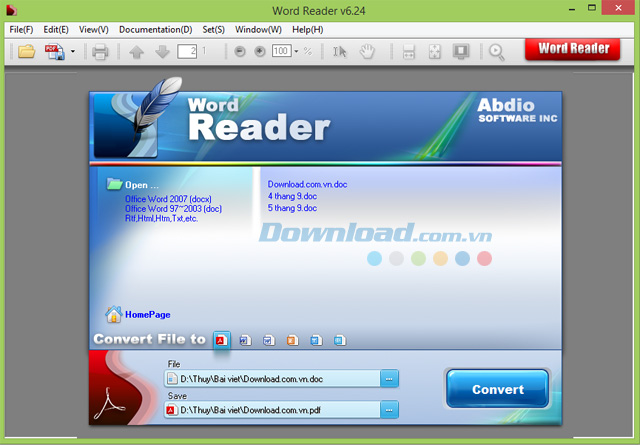Giao diện Word Reader khi đọc file Word