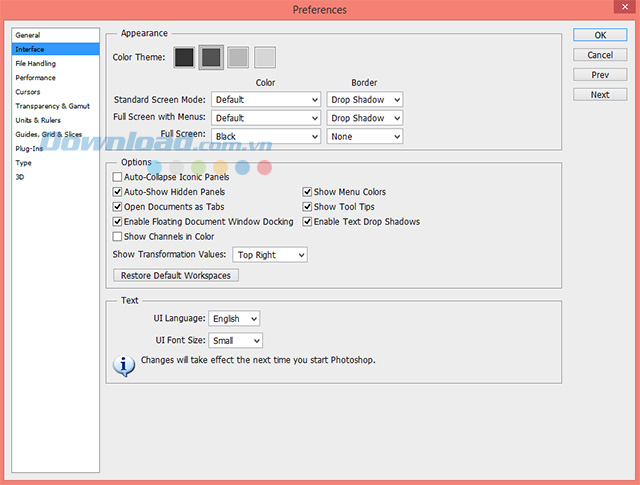 Tùy chọn màu sắc giao diện cho Photoshop CS6