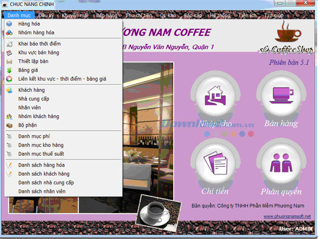 Danh mục chức năng chính của phần mềm Cafe sG CoffeeShop