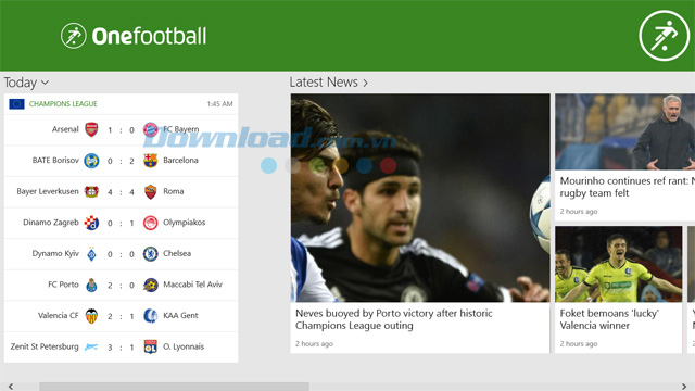 Giao diện chính của ứng dụng cập nhật tin tức bóng đá