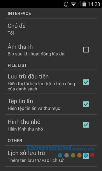 Các thiết lập chính của RAR for Android