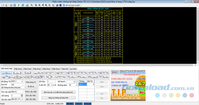 Giao diện chính của phần mềm thống kê cốt thép Tip