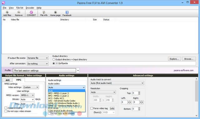 Giao diện chính của Pazera Free FLV to AVI Converter