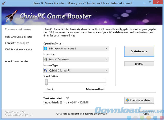 Giao diện phần mềm Chris PC Game Booster