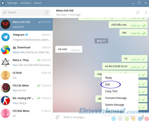 Tùy lựa chọn sửa lời nhắn của Telegram