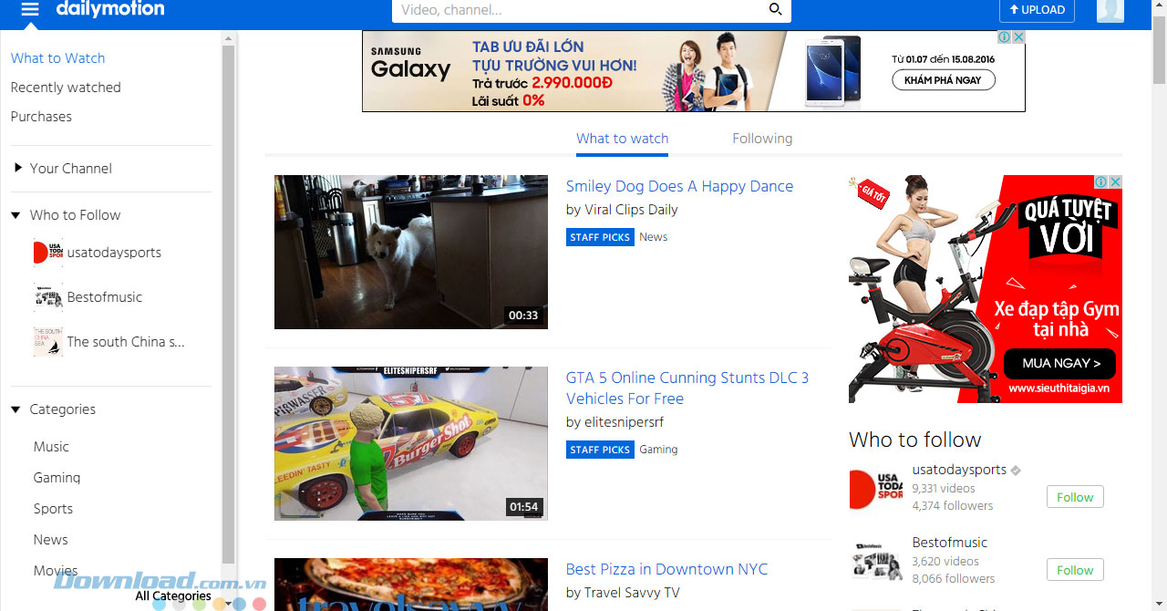 Giao diện Dailymotion trên web