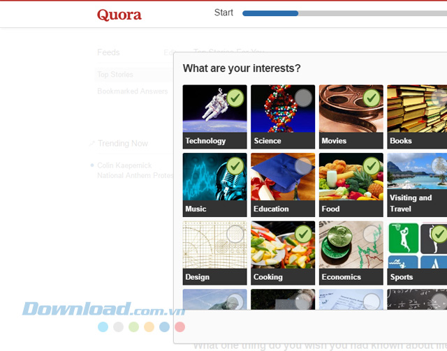 Lựa chọn lĩnh vực ưa thích trong ứng dụng web Quora