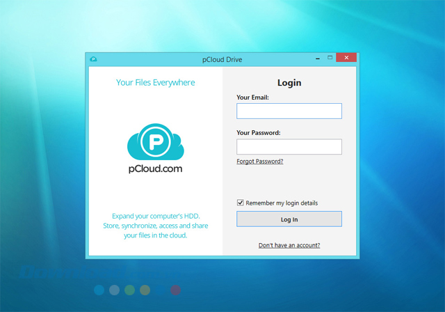 Đăng nhập vào tài khoản pCloud đã có hoặc tạo ra một tài khoản mới bằng ứng dụng lưu trữ trực tuyến pCloud Drive cho máy tính
