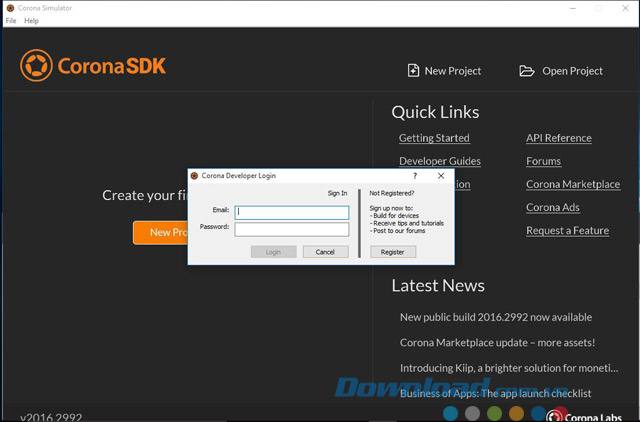 Giao diện chính của phần mềm tạo ứng dụng Corona SDK cho máy tính