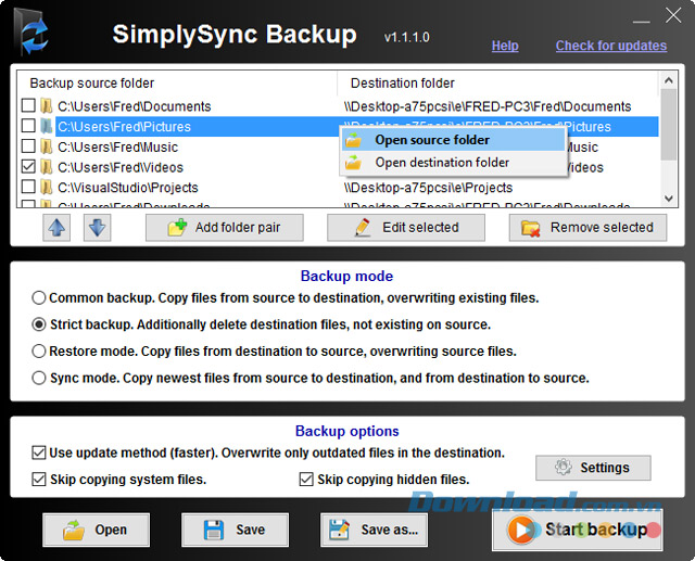 Cửa sổ hoạt động chính của phần mềm sao lưu dữ liệu mạnh mẽ SimplySync Backup