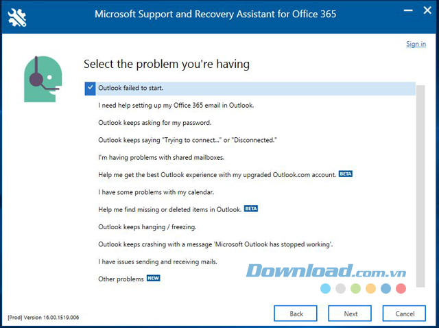 Giao diện sửa lỗi của ứng dụng Microsoft Support and Recovery Assistant for Office 365 cho máy tính