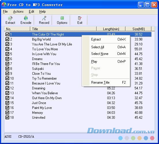 Giao diện chính của Free CD to MP3 Converter