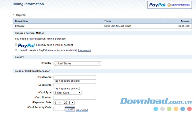 Thanh toán bằng PayPal trước khi sử dụng phần mềm mạng riêng ảo BTGuard cho máy tính