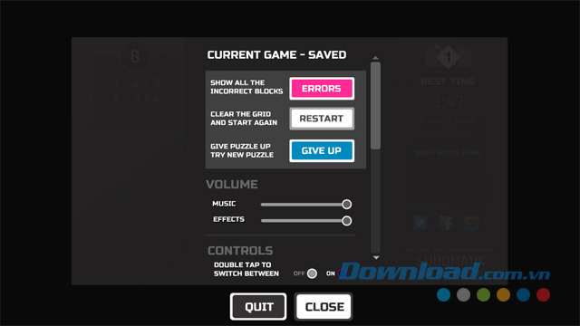 Một số tùy chọn trong game trí tuệ Sudomatik cho máy tính và Windows Phone