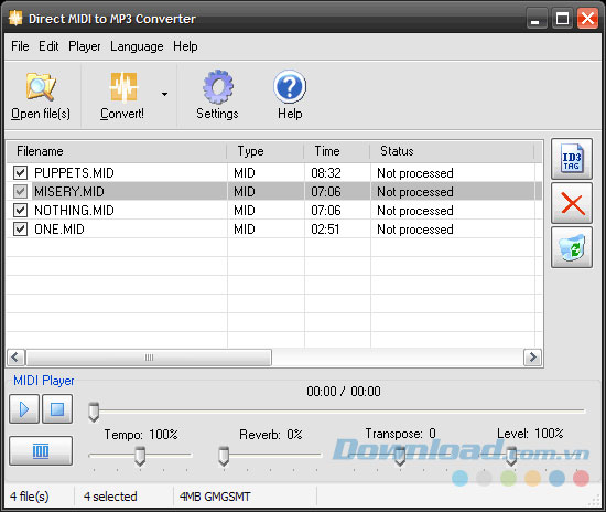 Giao diện phần mềm Direct MIDI to MP3 Converter