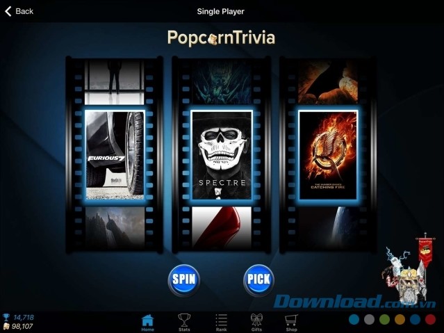 Lựa chọn bộ phim hoặc chương trình truyền hình ưa thích trong game đố vui miễn phí PopcornTrivia cho máy tính và Windows 10 Mobile