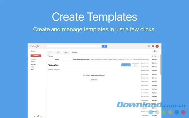 Giao diện chính giúp tạo ra và quản lý các mẫu của tiện ích mở rộng Templates for Gmail miễn phí cho Google Chrome