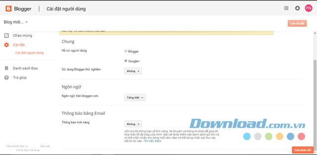 Cài đặt một số tính năng trên trang Blogger miễn phí