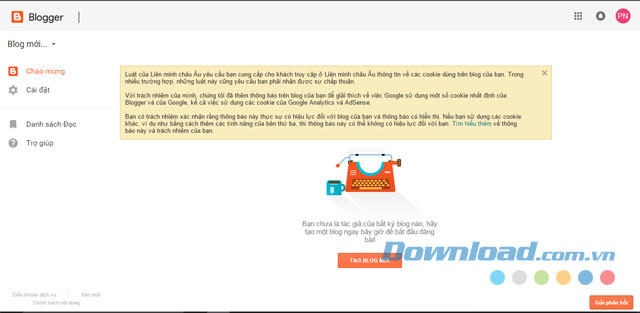 Giao diện chính của trang Blogger miễn phí