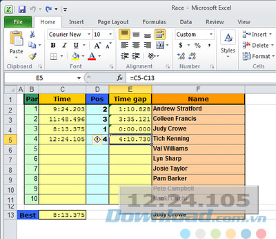 Chèn bộ đếm giờ trong bảng tính Excel