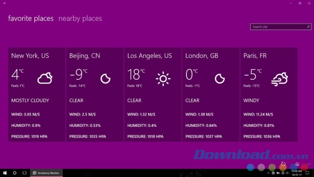 Lựa chọn địa điểm cần dự báo thời tiết trong ứng dụng miễn phí Strawberry Weather cho máy tính và Windows Phone