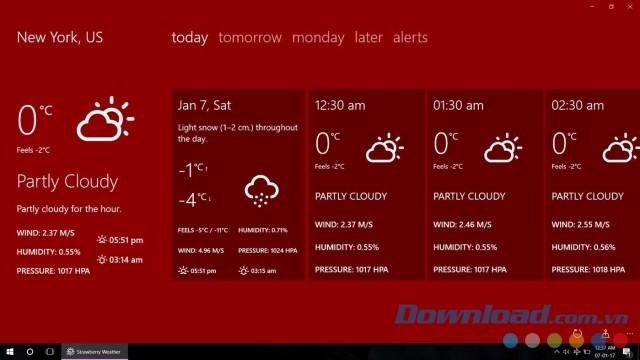 Giao diện chính của ứng dụng dự báo thời tiết miễn phí Strawberry Weather cho máy tính và Windows Phone