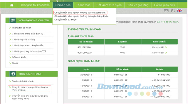 Giao diện thanh toán hóa đơn dịch vụ trên Vietcombank iBanking