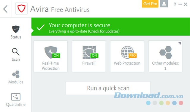 Giao diện Avira Free Antivirus 