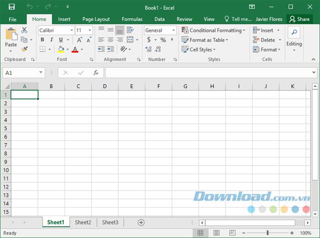 Giao diện Excel 2016