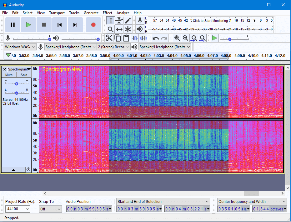 Audacity 2.2.0 in Spectrogram view (with select) spectral selector) on Windows 10