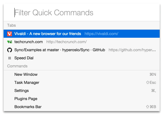 Vivaldi supports quick access command line