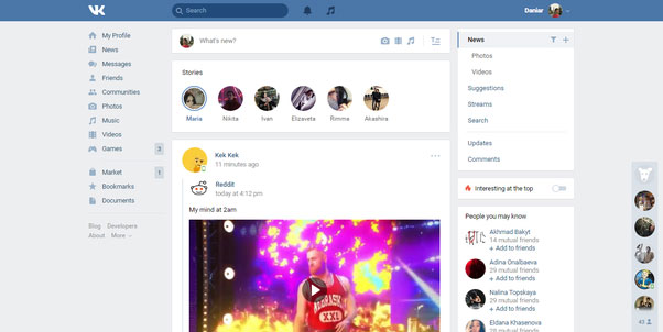 Giao diện mạng xã hội VK