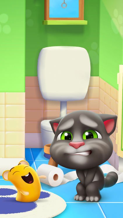 Give the cat Tom goes to the toilet